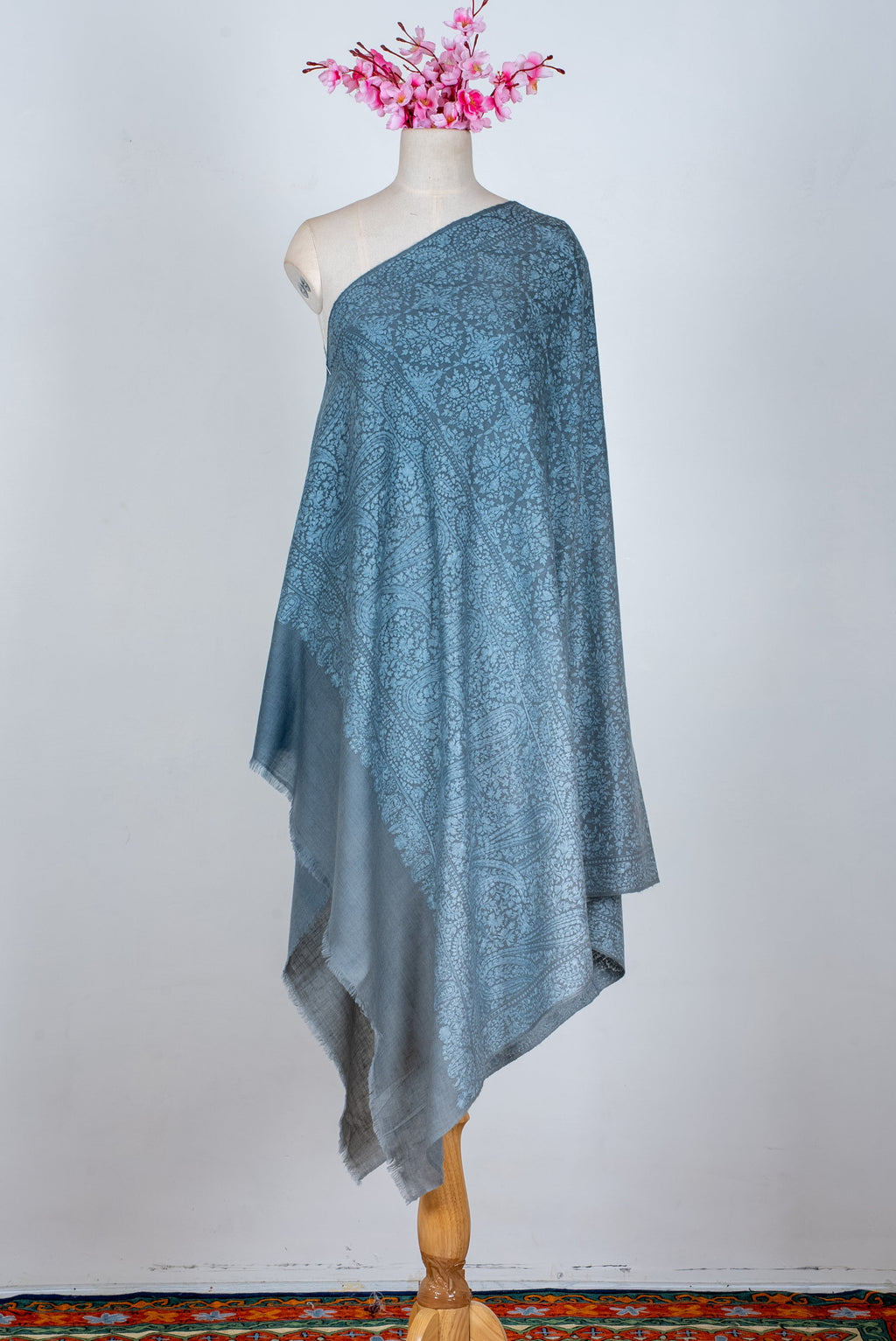 Misty Azure Hand Embroidered Pure Pashmina Jamawar Shawl
