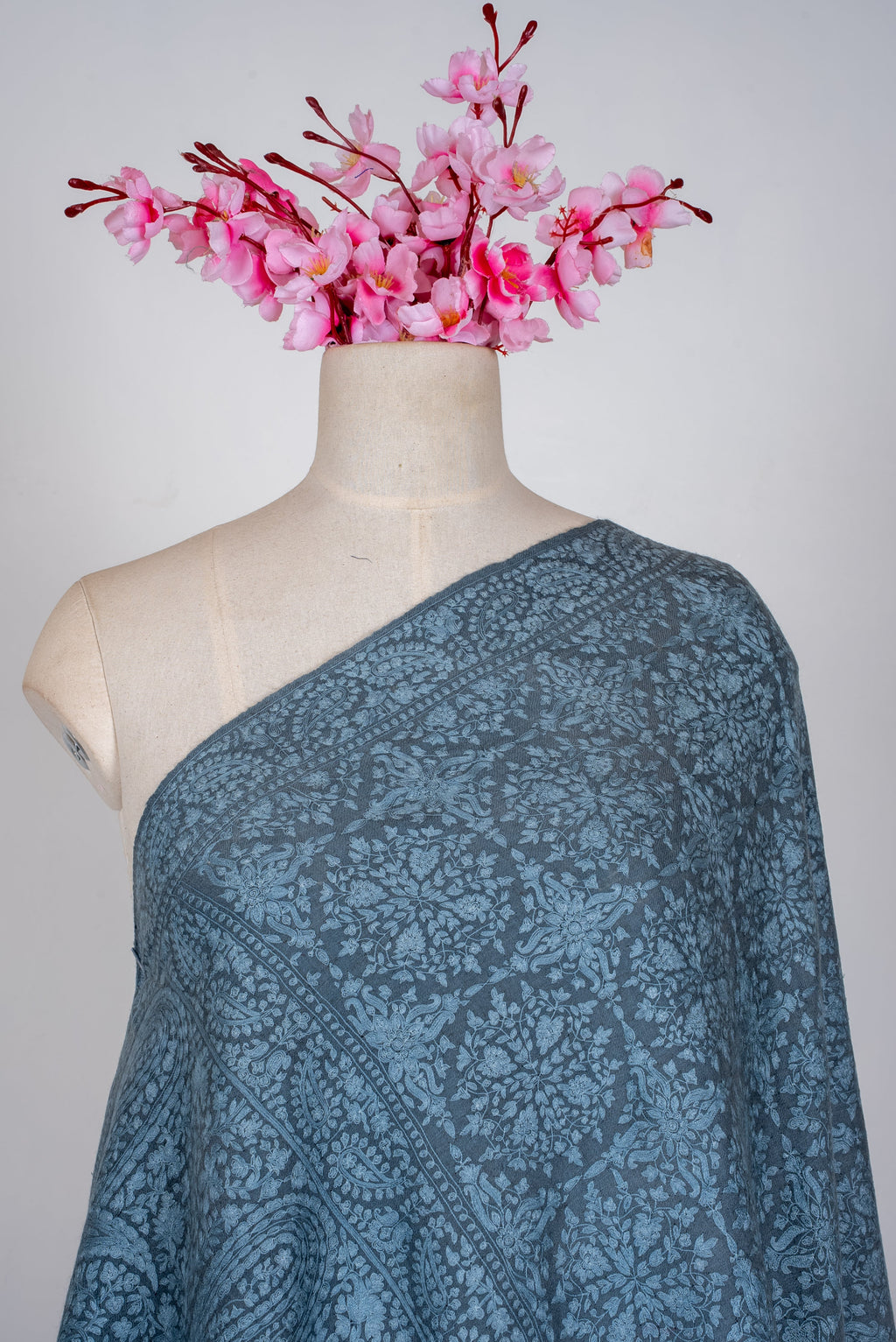Misty Azure Hand Embroidered Pure Pashmina Jamawar Shawl
