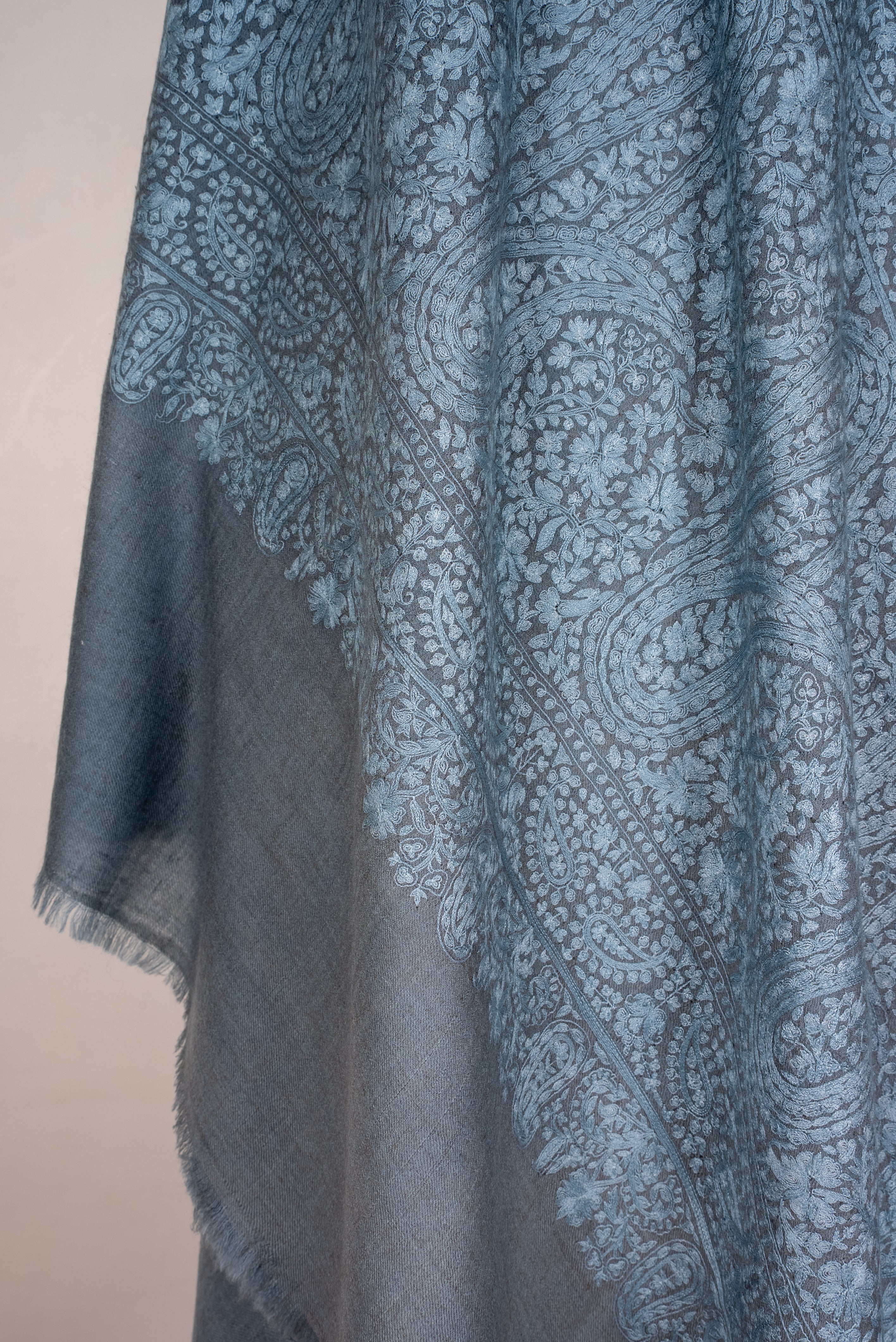 Misty Azure Hand Embroidered Pure Pashmina Jamawar Shawl