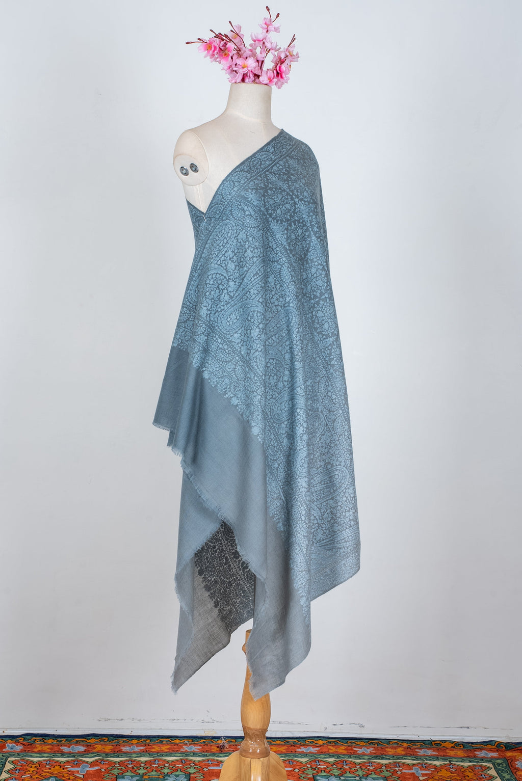 Misty Azure Hand Embroidered Pure Pashmina Jamawar Shawl