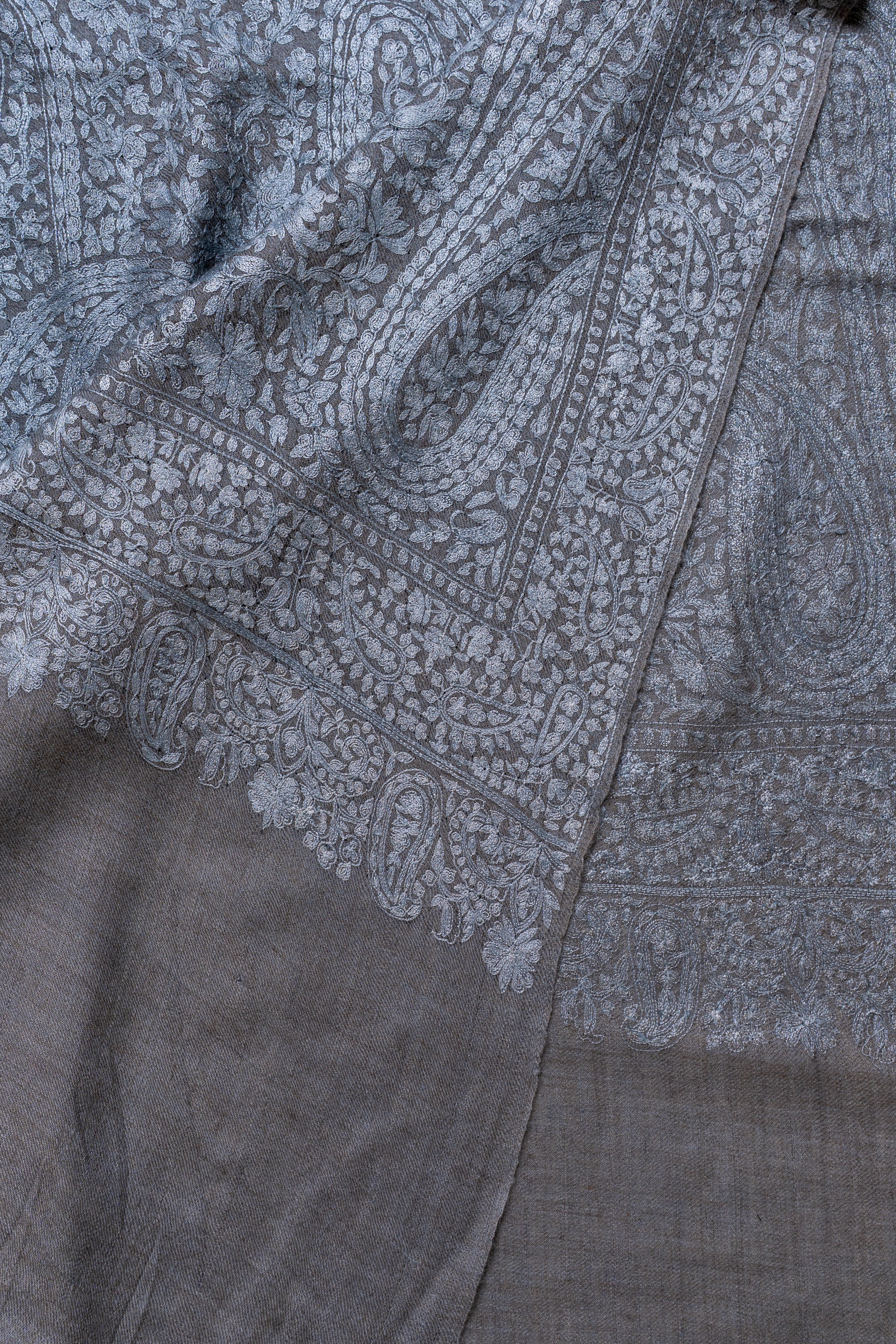 Misty Azure Hand Embroidered Pure Pashmina Jamawar Shawl